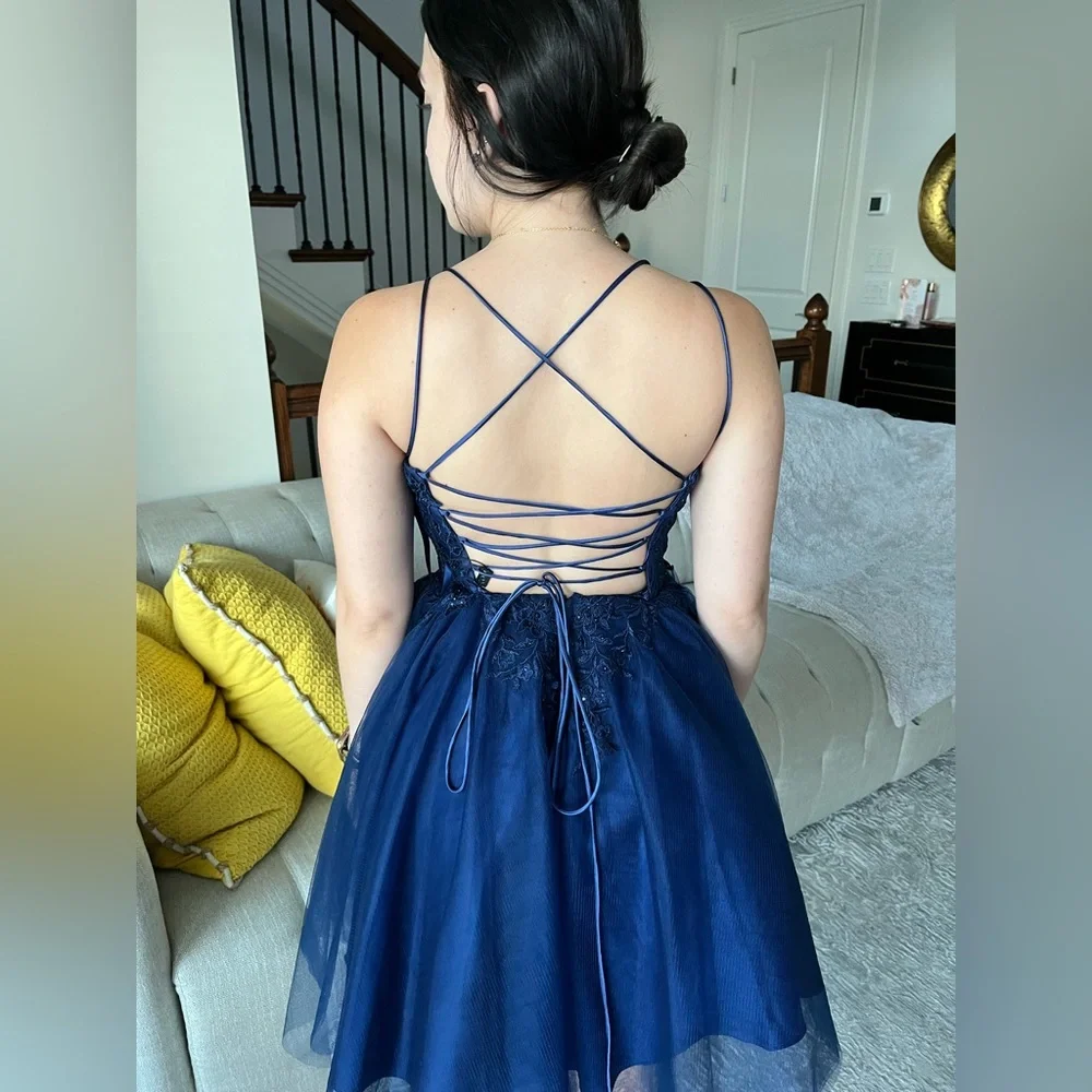 Navy blue short dress, perfect for graduation, a wedding guest, birthday, prom… - Picture 3 of 12